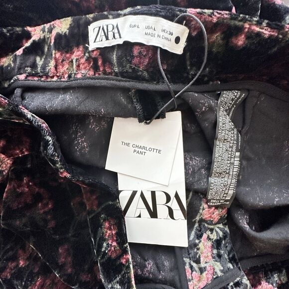 NWT Zara L The Charlotte black wide leg velvet floral trouser pants  Black Red - Picture 10 of 13